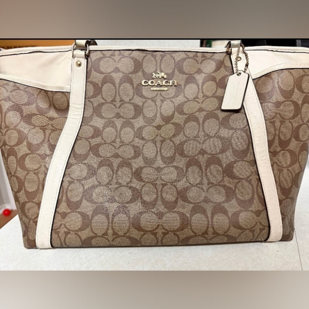 COACH Brown Signature Canvas Tote with Cream Trim